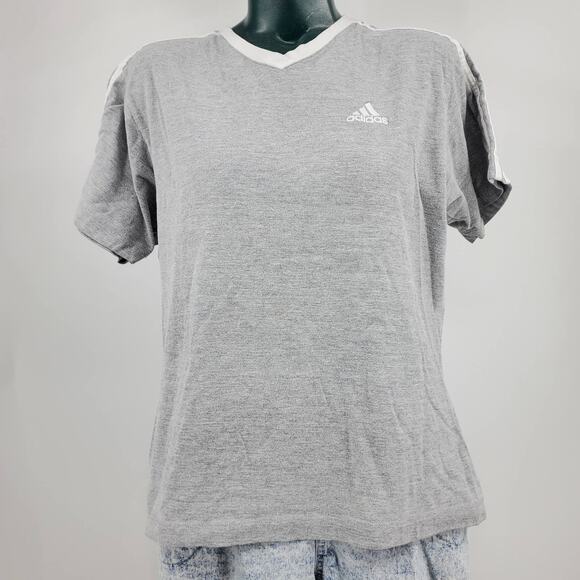Vintage Adidas Grey White 3 Stripe V Neck T Shirt Embroidered Logo L 1027 - Picture 5 of 5